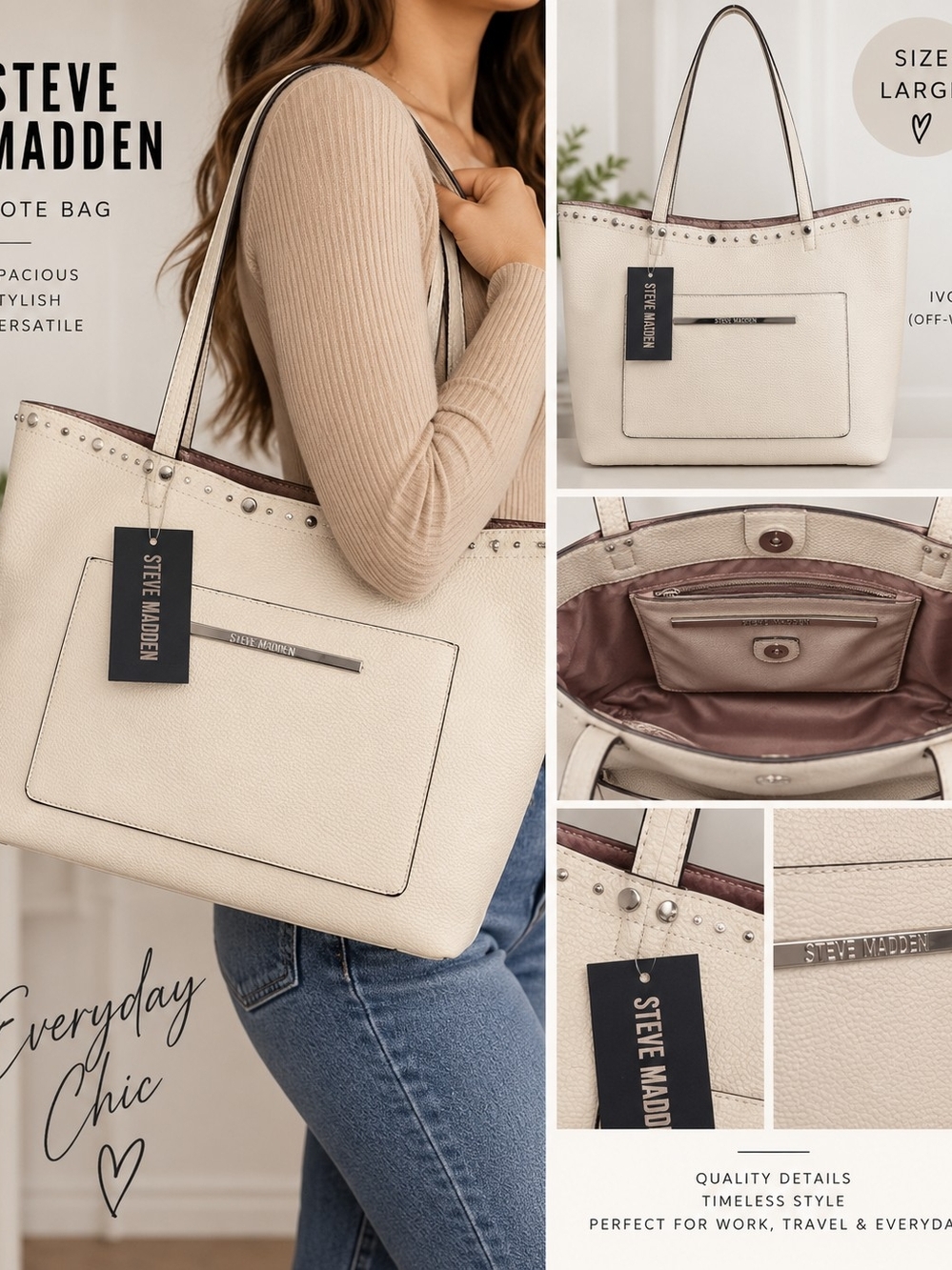 Steve Madden Ivory Tote with Stud-Trim Shoulder Straps